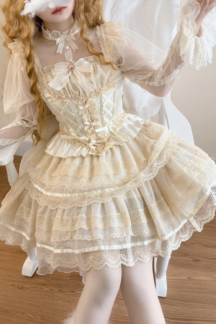 Apricot [Girl Love] Double-Layered Bowknot Lace Sweet Ballet Lolita Skirt Set - Product - 2