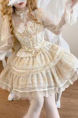Apricot [Girl Love] Double-Layered Bowknot Lace Sweet Ballet Lolita Skirt Set - Product - 2