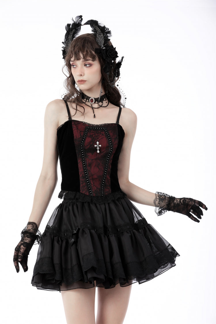 Dark Red Cross Shoulder Straps Jacquard Lace-Up Women's Gothic Overbust Corset - Product - 5