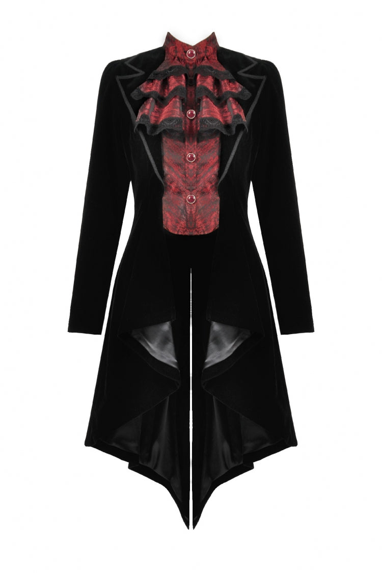 Black/Red Peak Lapel Collar Long Sleeves Multi-Layered Lace Mock Two-piece Women's Gothic Tailcoat - Product - 3