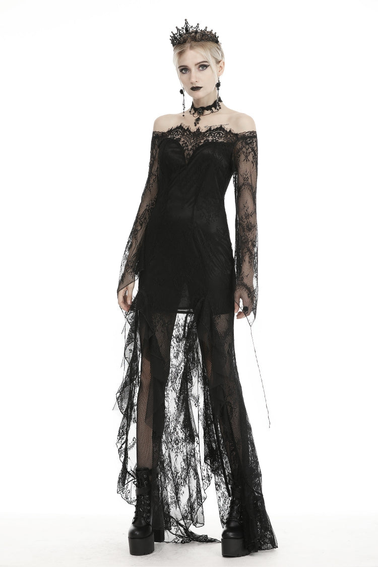 Black Off Shoulder Long Sleeves Lace Lace-Up Women's Gothic Mermaid Wedding Dress - Product - 7