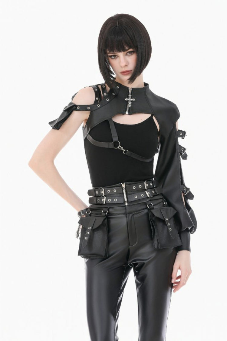 Black Eyelet Buckled Zippered Women's Punk Leather Belt with Side Pouches - Black - 1
