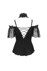 Black/Red Off Shoulder Lace Round Collar Splice Women's Gothic Shirt - Product - 10