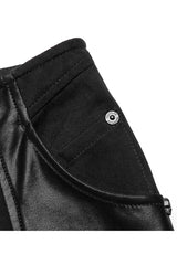 Black Stretch-Knit Paneled Faux Leather Waistband Ghost Button Flared Women's Punk Pants - Product - 10