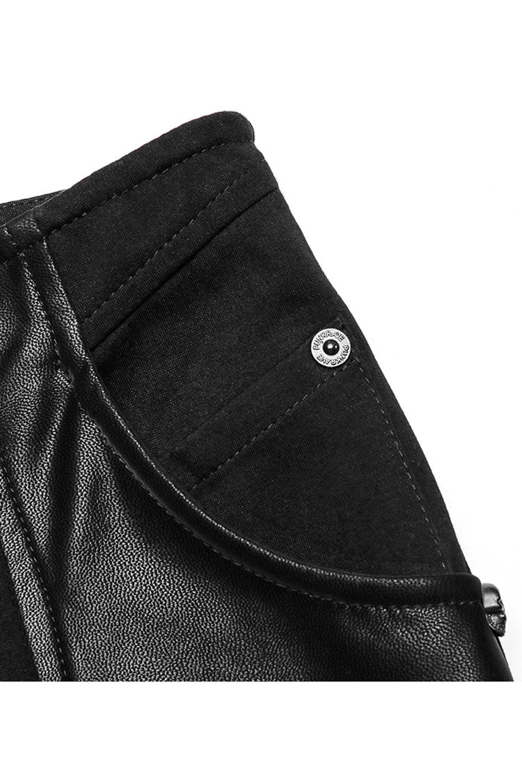 Black Stretch-Knit Paneled Faux Leather Waistband Ghost Button Flared Women's Punk Pants - Product - 10