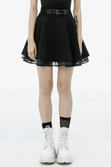 Black Front Metal Buckle Loops High Waist Splice Mesh Women's Punk Skirt - Black - 1