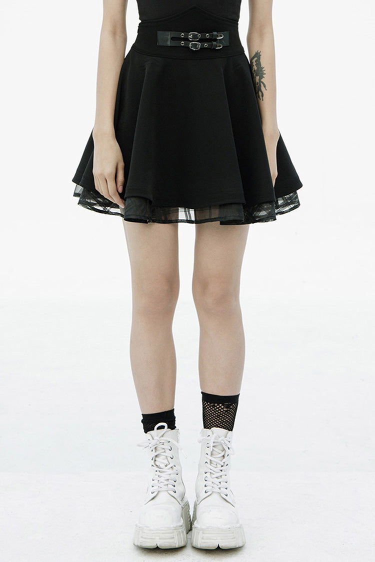 Black Front Metal Buckle Loops High Waist Splice Mesh Women's Punk Skirt - Black - 1