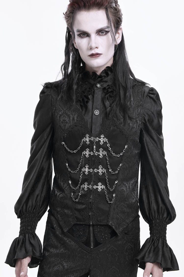 Black Sleeveless Jacquard Chain Buckle-up Men's Gothic Vest - Product - 9