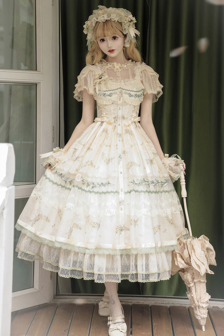 Multi-Color [Daisy Poetry] Print Ruffle Hollow Embroidery Lace Sweet Elegant Princess Lolita Jsk Dress - Multi-Color - 1