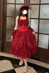 Red [The Summer Waves Sparkle] Square Collar Sleeveless Multi-Layered Ruffled Bow Lace-Up Slim Classic Lolita Skirt Set - Product - 15