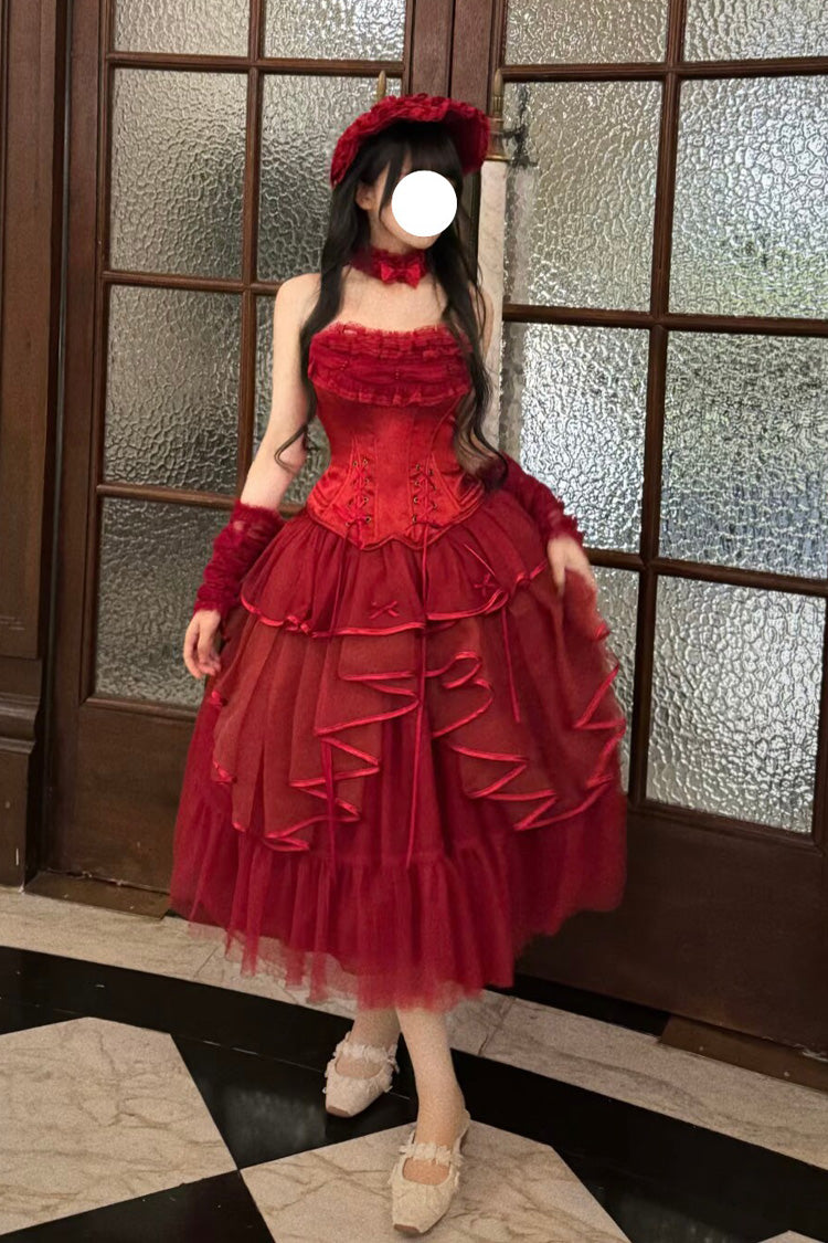 Red [The Summer Waves Sparkle] Square Collar Sleeveless Multi-Layered Ruffled Bow Lace-Up Slim Classic Lolita Skirt Set - Product - 15