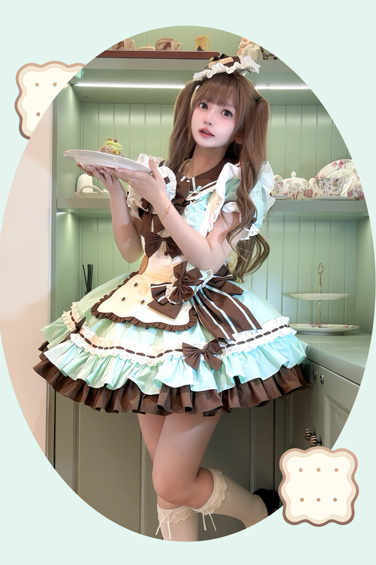 Cookies Short Sleeves Maid Ruffle Bowknot Sweet Lolita Tiered Dress 2 Colors - Product - 11