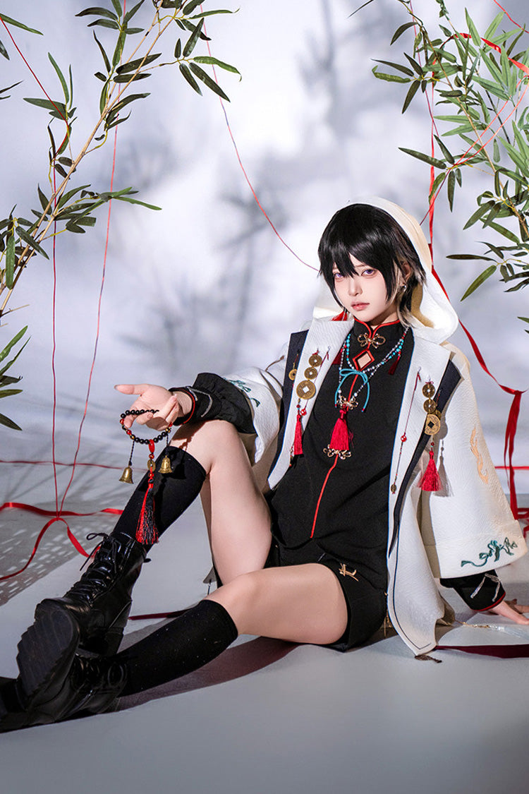 Black/White [Mountain Spirit] Long Sleeves Embroidered Hooded Classic Chinese Inspired Ouji Lolita Shorts Set - Product - 11