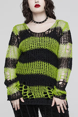 Round Collar Striped Print Irregular Ripped Women's Gothic Sweater 4 Colors - Black/Green - 17