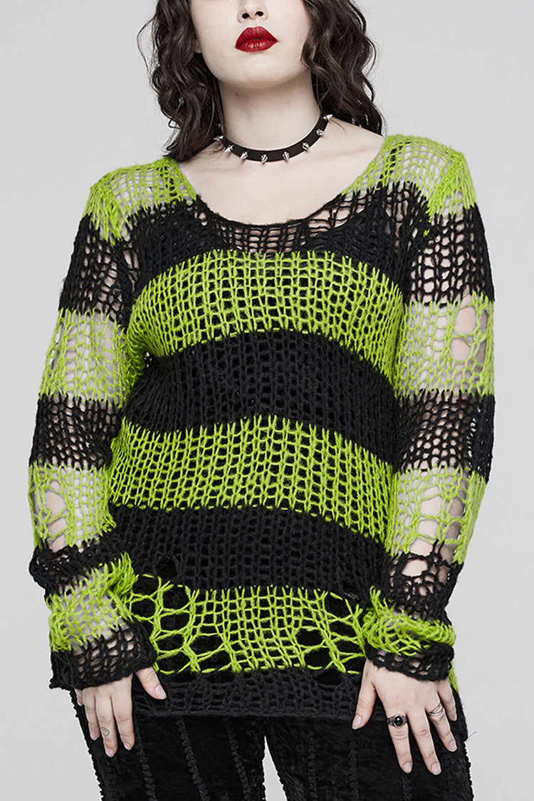 Round Collar Striped Print Irregular Ripped Women's Gothic Sweater 4 Colors - Black/Green - 17