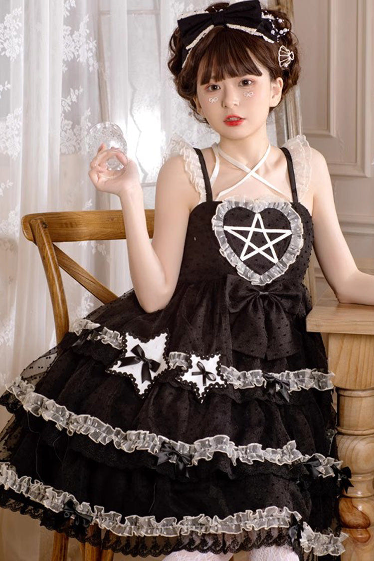 Black [Du Meisha's Star Wish] Sleeveless Triple-Layered Jacquard Ruffle Bowknot Sweet Gothic Lolita Jsk Dress - Product - 4