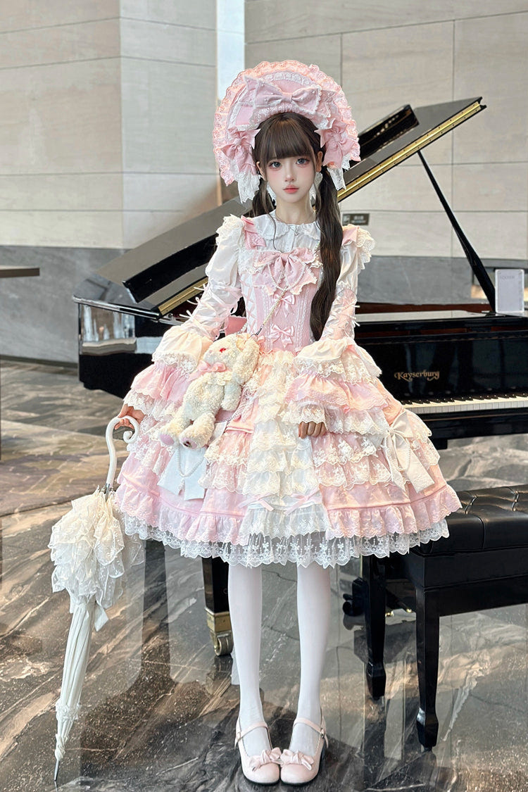 [Sakura Love] Multi-Layered Jacquard Ruffle Embroidery Cardigan Bowknot Lace Sweet Gorgeous Lolita Jsk Dress 3 Colors - Product - 2