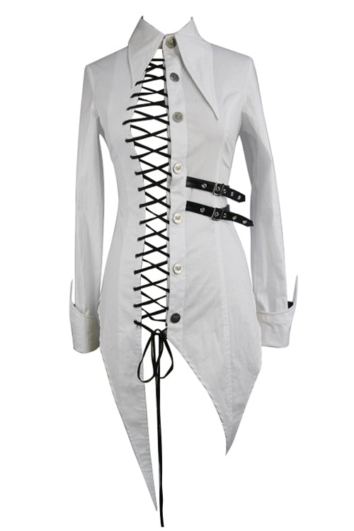 White Cotton Long Swallowtail Womens Punk Blouse - Product - 4
