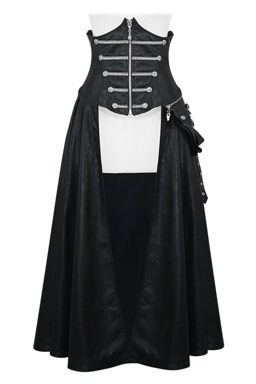 Black Chain Shaped Ribbons Zipper Up Leather Big Swing Punk Womens Half Skirt - Black - 1