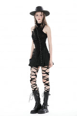 Black High Collar Sleeveless Irregular Asymmetric Lace-Up Eyelet Women's Punk Ripped Tank Top - Product - 4
