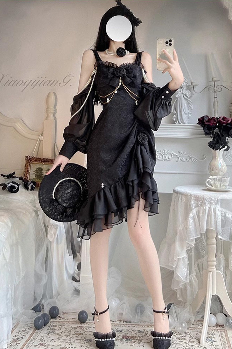 Camellia Rose Ruffle Asymmetric Gothic Chinese Style Elegant Lolita Jsk Dress 3 Colors - Product - 6