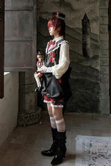 Red/Black [Candy Shop] V Collar Sleeveless Bow Lace Sweet Ouji Lolita Shorts Vest Set - Product - 5