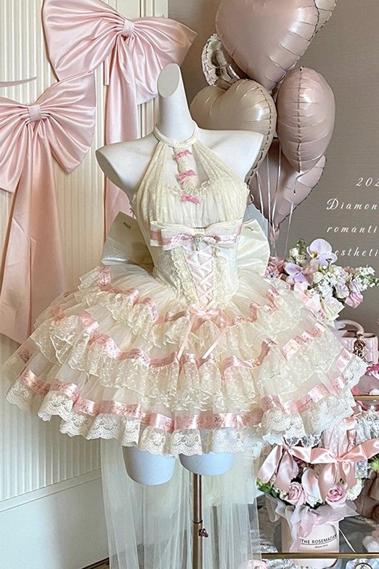 Beige [Ballet Dream] Halterneck Triple-Layered Ruffle Bowknot Lace-Up Sweet Princess Lolita Dress - Product - 4