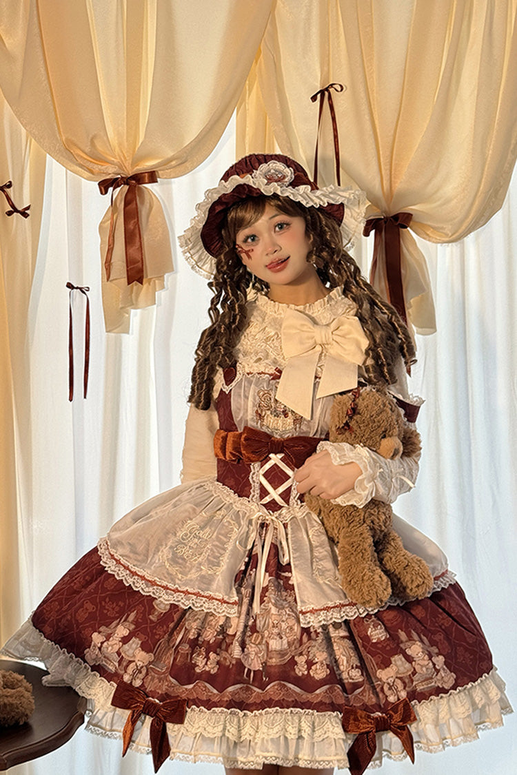 [Castle Bear] Sleeveless Print Ruffle Bowknot Lace Sweet Lolita Jsk Dress 4 Colors - Red - 1