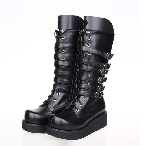 Black Leather Belt Buckle Lace Up High Lolita Boots - Product - 2