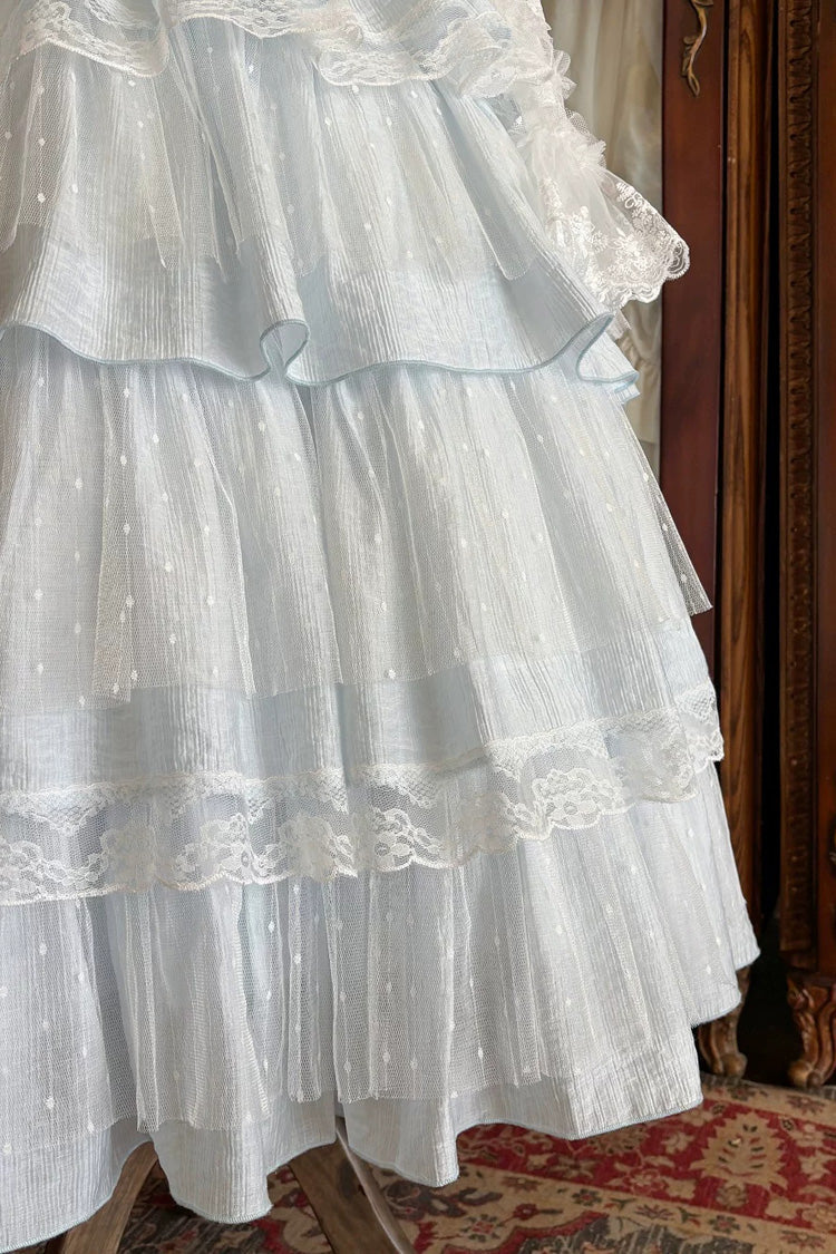 Blue [Aegean] Square Collar Flutter Sleeves Multi-Layered Ruffled Bow Sweet Lolita Jsk Dress Set - Product - 13