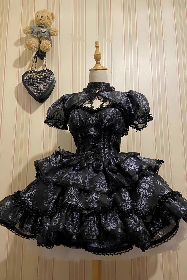 Black Multi-layer Ruffle Ballet Bowknot Print Gothic Lolita Jsk Dress - Product - 3