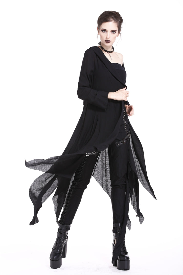 Black Long Sleeves Women's Grungy Gothic Vintage Hooded Coat - Product - 6