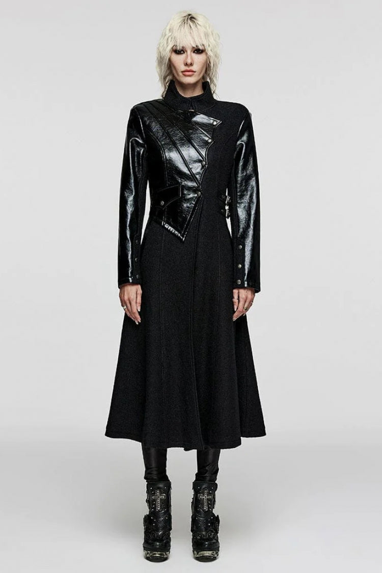 Black Stand Collar Print Faux Leather Stitching Womens Gothic Coat - Product - 2