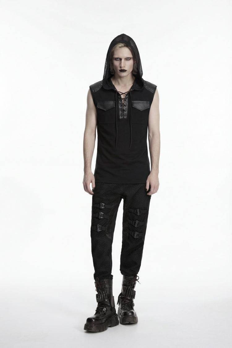 Black Spliced Lace-Up Hooded Studded Men's Punk Cool Vest - Black - 1