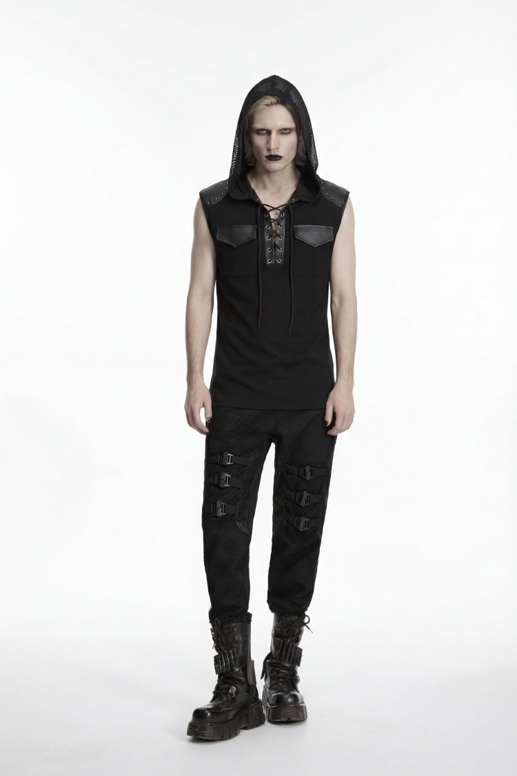Black Spliced Lace-Up Hooded Studded Men's Punk Cool Vest - Black - 1