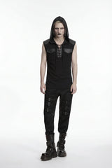 Black Spliced Lace-Up Hooded Studded Men's Punk Cool Vest - Black - 1