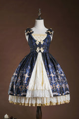 Blue/White [Stone of Eden] Triple-Layered Print Ruffle Hot Stamping Cardigan Bowknot Lace Elegant Sweet Lolita Jsk Dress - Blue/White - 1