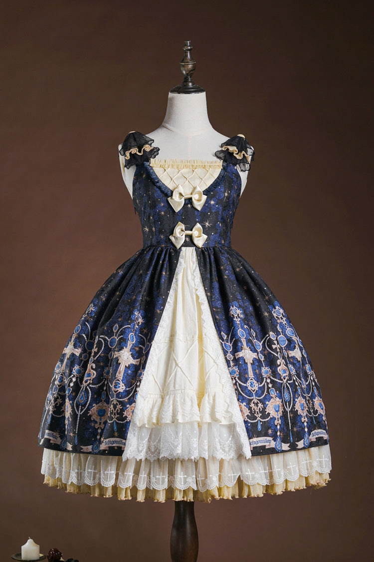 Blue/White [Stone of Eden] Triple-Layered Print Ruffle Hot Stamping Cardigan Bowknot Lace Elegant Sweet Lolita Jsk Dress - Blue/White - 1