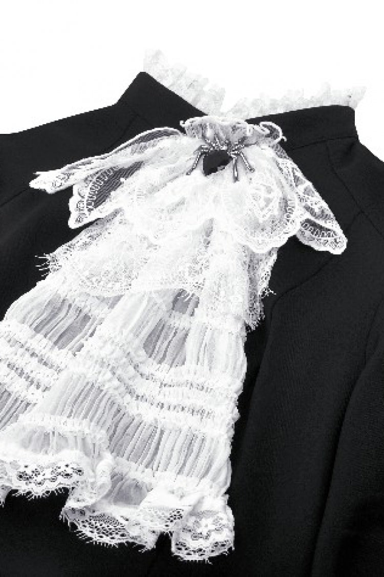 ブラック／ホワイト プリーツ レース スタンドカラー Jabot ロング パフスリーブ レディース ゴシック ワンピース 商品画像