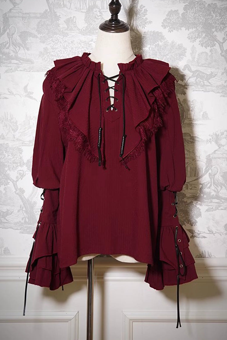 Wine Red Pirate Series Navigation Treasure Hunting Guide V Collar Long Hime Sleeves Ouji Lolita Blouse - Product - 3
