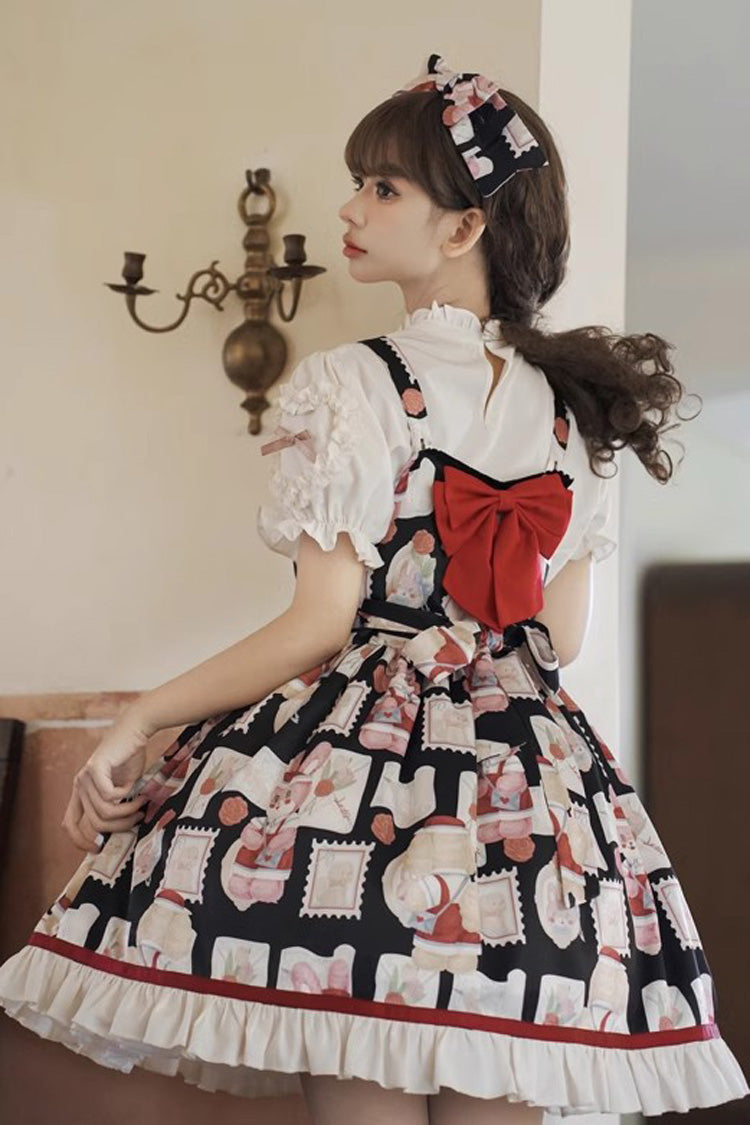 Black [Letter from Showa] Rabbit and letter Print Ruffle Bowknot Sweet Princess Lolita Strap Dress - Product - 4