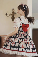Black [Letter from Showa] Rabbit and letter Print Ruffle Bowknot Sweet Princess Lolita Strap Dress - Product - 4