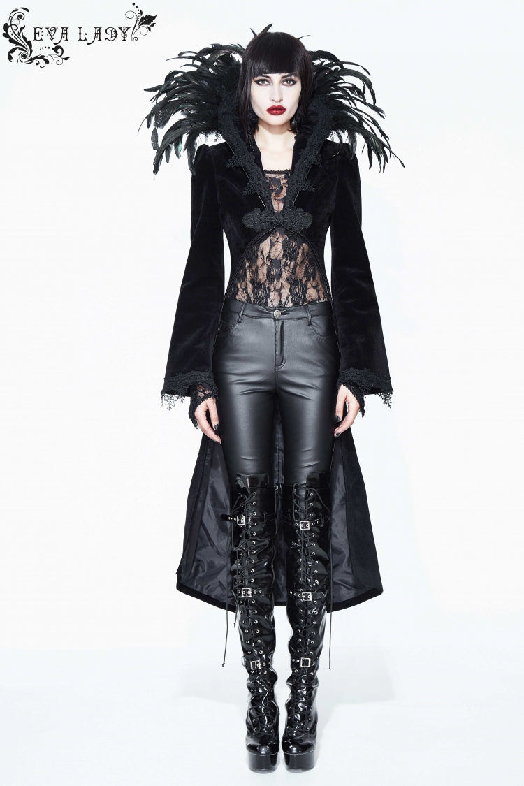 Black Feathered Collar Long Sleeves Bowknot Women's Gothic Tailcoat - Product - 9