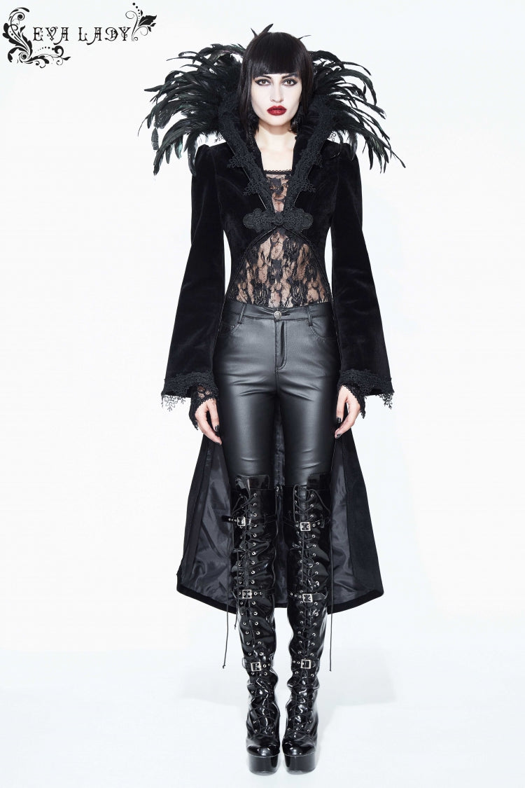 Black Feathered Collar Long Sleeves Bowknot Women's Gothic Tailcoat - Product - 9