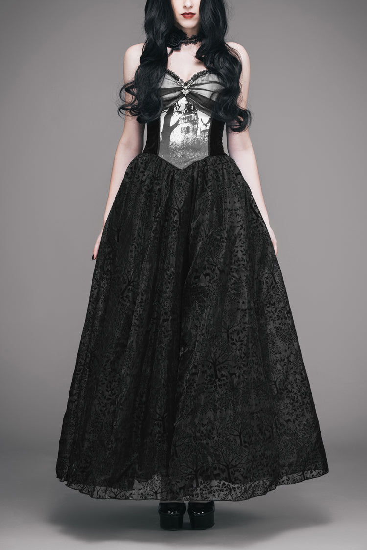 Black Elk Metal Brooch Flocking Print Yarn Floral Women's Gothic Dress - Black - 1
