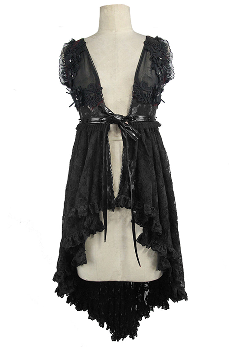 Black Waist Knot Back Lace-Up Frill Hem Sleeveless Rose Lace Mesh Women's Gothic T-Shirt - Product - 6