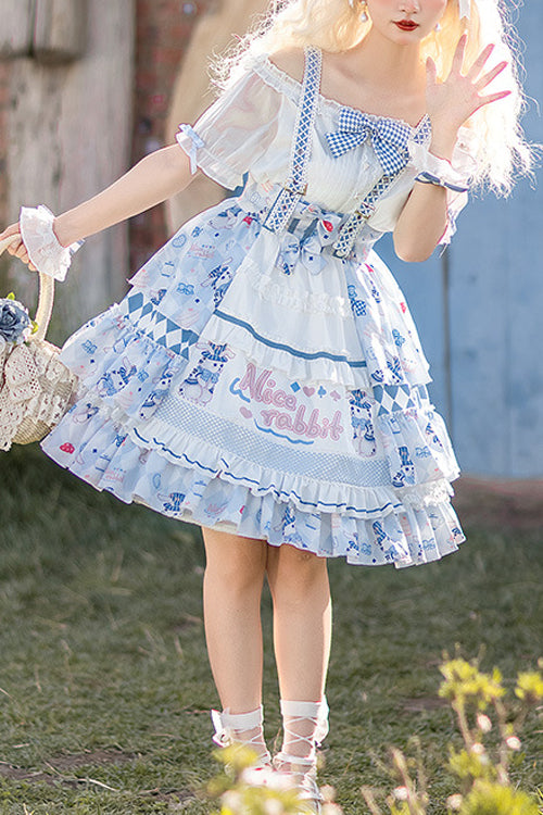 Blue Alice Rabbit Print Multi Layer Design Sweet Lolita JSK Dress - Blue - 1