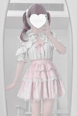 White/Pink Short Sleeves Triple-Layered Ruffle Bowknot Lace Jirai Kei Japanese Skirt Set - Product - 3