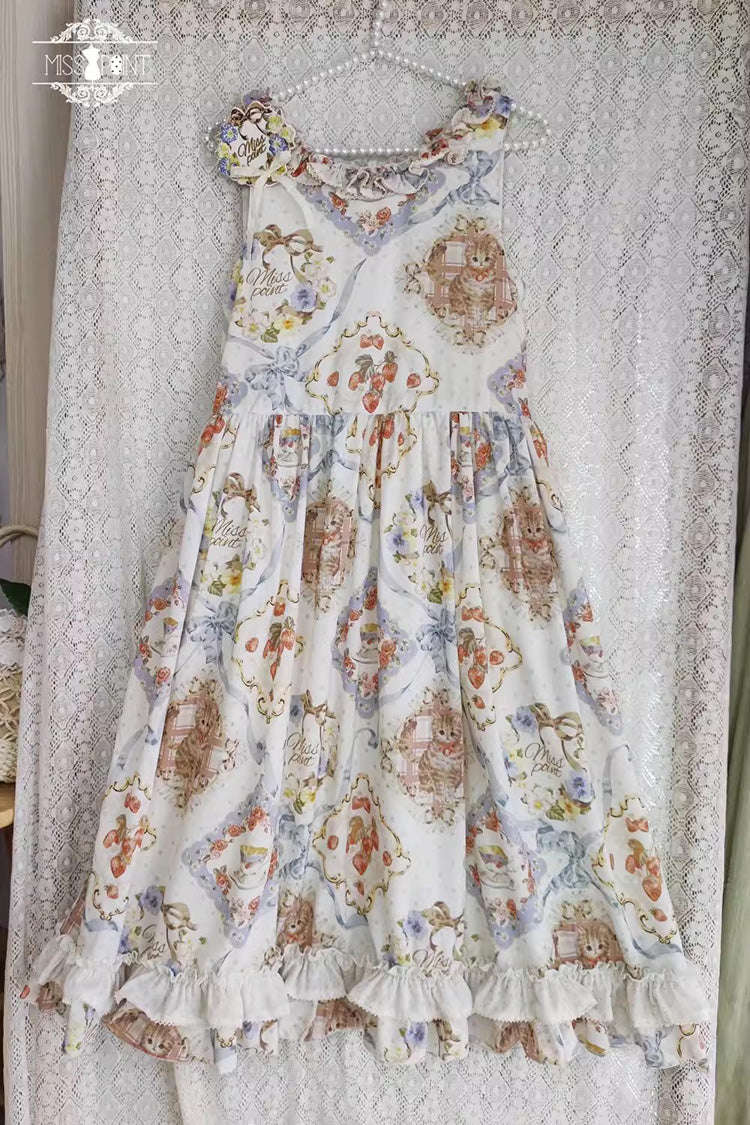 Cat Rose Tea Sleeveless Print Ruffle Bowknot Sweet Lolita Jumper Dress Version2 3 Colors - Product - 2