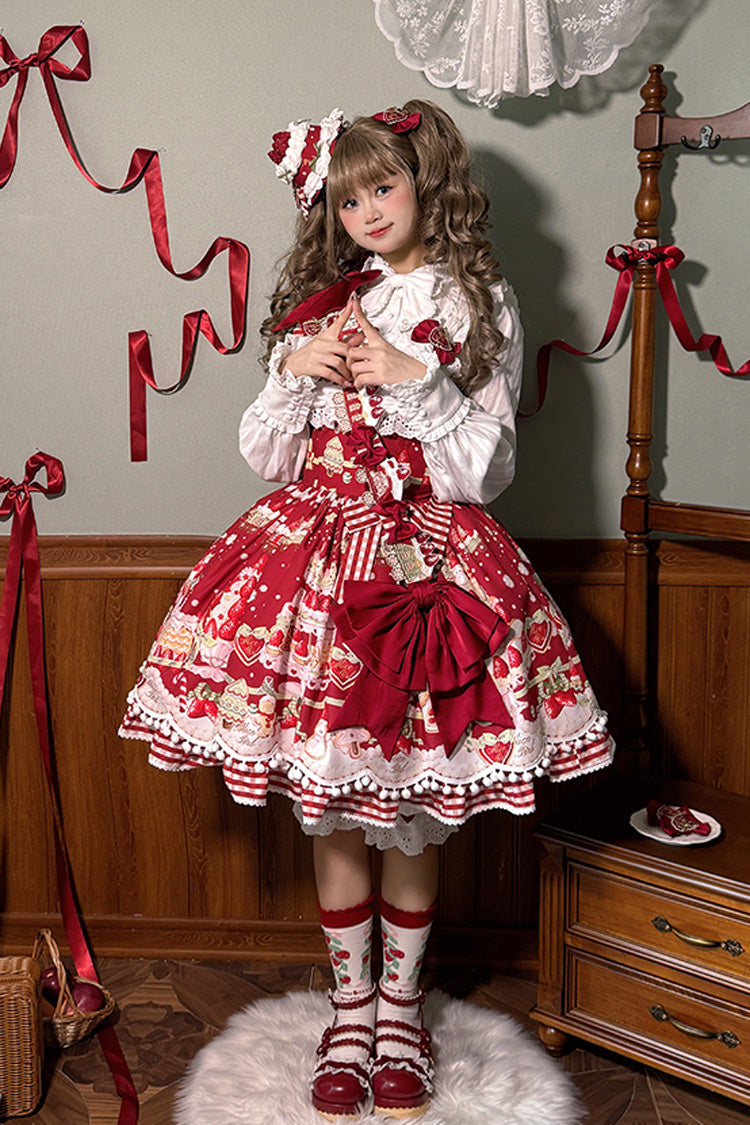 Mint Strawberry Dessert Print Natural Waisted Ruffle Bowknot Sweet Lolita JSK Dress 4 Colors - Product - 6